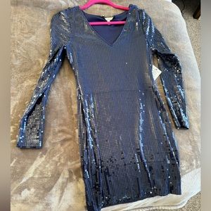 Women’s Long Sleeve Dark Blue Sequin Midi Dress